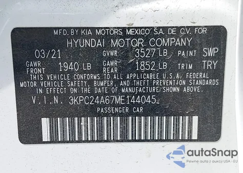 2021 Hyundai Accent Se z USA, uszkodzony, nr VIN 3KPC24A67ME144045